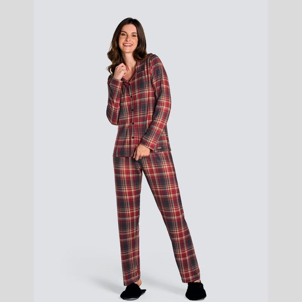 PIJAMA COM BOTÕES ESTAMPADO SUEDE FELPADO - ESTAMP. XADREZ