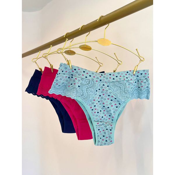 KIT CALCINHA MICROFIBRA TANGA - COM 03 PEÇAS - MARINHO/CORACAO/PINK