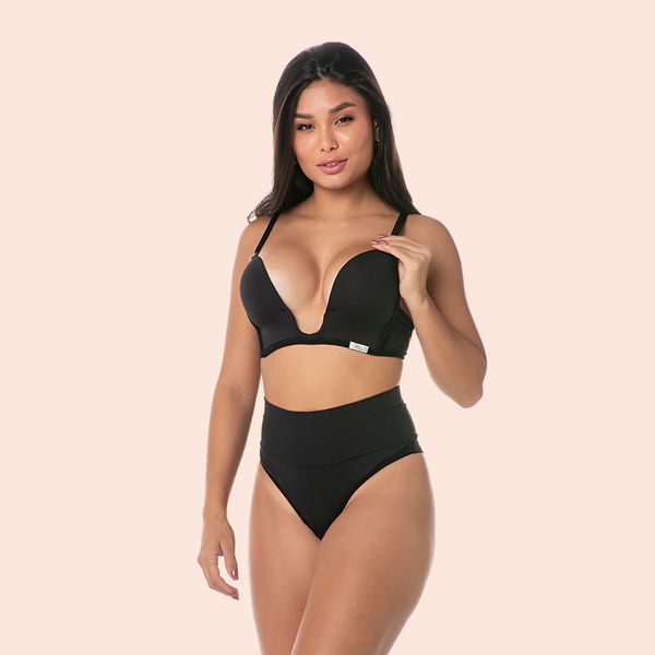 SUTIÃ DECOTE PROFUNDO COM BOJO SEM ARO EM MICROFIBRA - PRETO