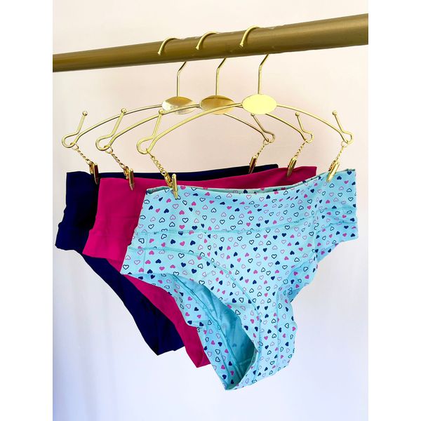 KIT CALCINHA MICROFIBRA BASICO SEM ELÁSTICO - COM 03 PEÇAS - PINK/CORACAO/MARINHO