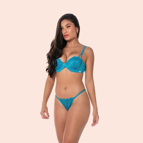 SUTIÃ MEIA TAÇA COM ALÇAS DUPLAS COM BOJO E ARO EM MICROFIBRA E RENDA - TURQUESA