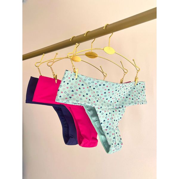 KIT CALCINHA MICROFIBRA FIO DUPLO - COM 03 PEÇAS - MARINHO/CORACAO/PINK