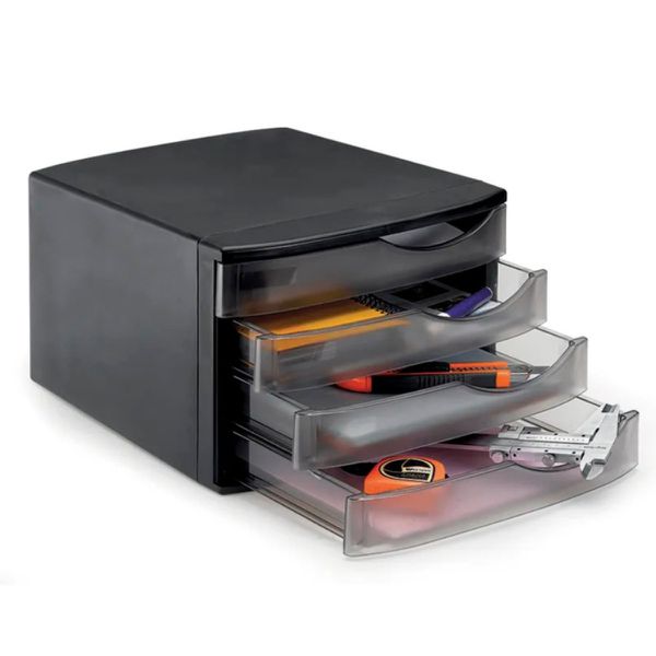 Gaveteiro Organizador de Escritório 4 Gavetas Home Office - Preto / Fumê