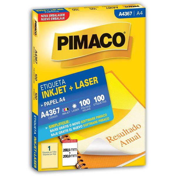 Etiqueta Inkjet Laser A4 A4367 100 Folhas 288.5 x 200mm Pimaco