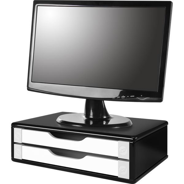 Suporte para Monitor Gaveteiro de Mesa 2 Gavetas Madeira - Preto Black Piano/Branco