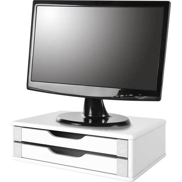 Suporte para Monitor Gaveteiro de Mesa 2 Gavetas Madeira - Branco/Branco