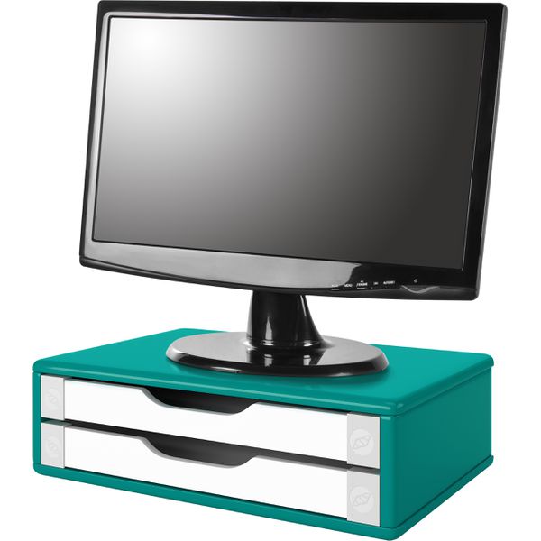 Suporte para Monitor Gaveteiro de Mesa 2 Gavetas Madeira - Azul/Branco