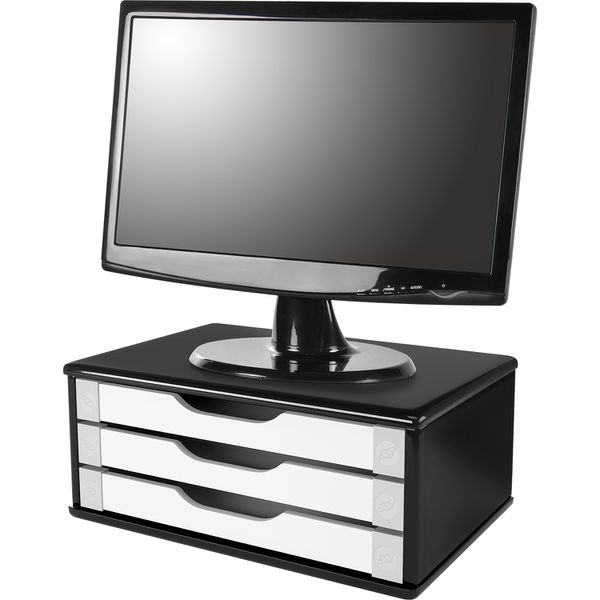 Gaveteiro de Mesa Suporte para Monitor 3 Gavetas Madeira MDF - Preto Black Piano/Branco