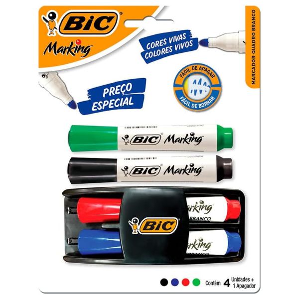 Caneta Pincel Para Quadro Branco Bic Marking Fashion 04 Cores com Apagador