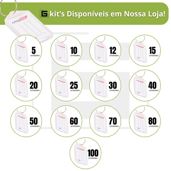 Kit 80 Chaveiro de Plástico Branco com Abertura e Etiqueta Pautada para Identificação