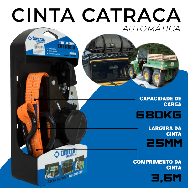 Cinta C/ Catraca Automática P/ Cargas 680kg X 25mm X 3,6m Omega