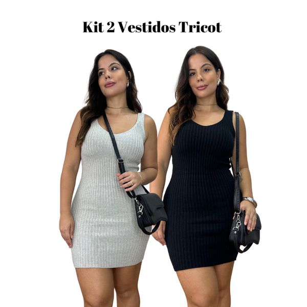 Kit Vestido Tricot Decote V (cinza e preto)