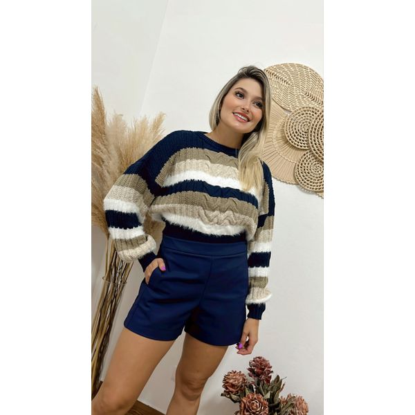 Tricô Cropped Azul Marinho/Branco