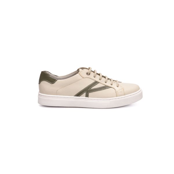 Tênis Feminino Calprado Bege em Couro Com Detalhes Army