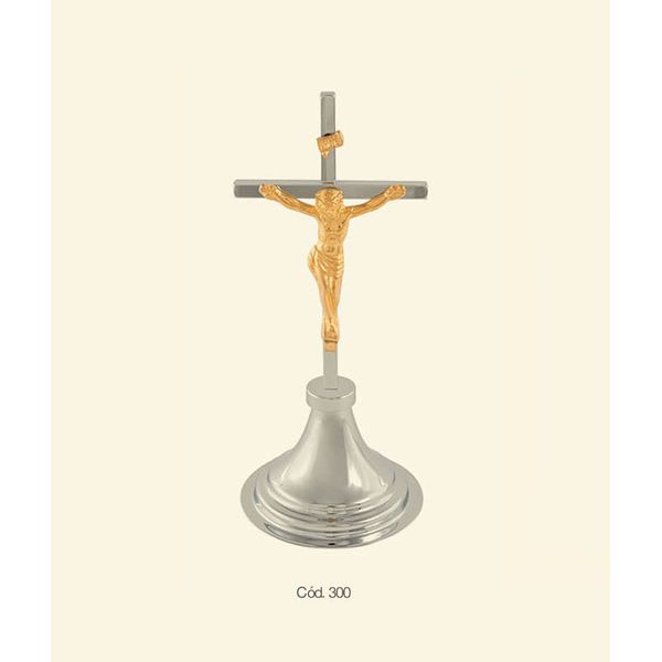 CRUCIFIXO DE MESA CROMADO COM INRI DOURADO 19CM