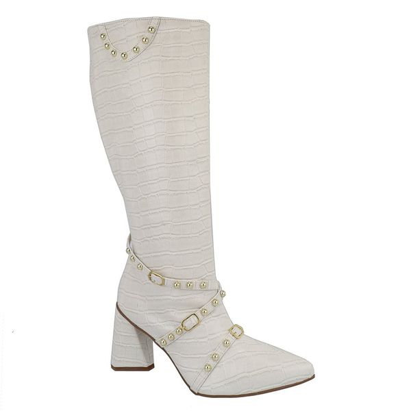 Bota Feminina Cano Longo Salto Triângulo Croco Off White com Hotfix 23019