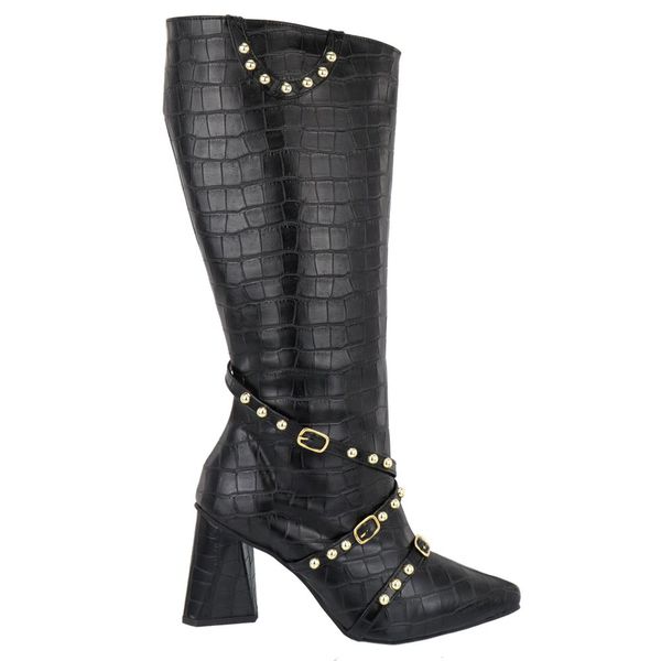 Bota Feminina Cano Longo Salto Triângulo Croco Preto 23019 