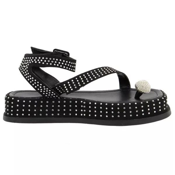 Papete Feminina Flat Plataforma em Napa Preto com Strass 183220