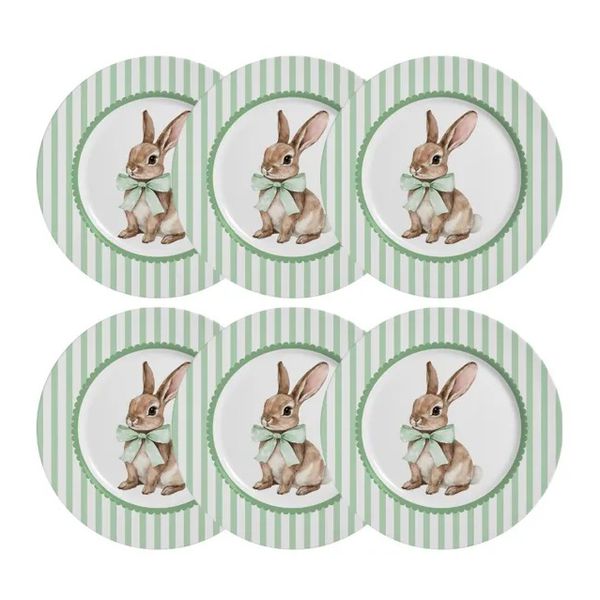 Jogo 6 Pratos Sobremesa em Cerâmica Laço Verde Páscoa 21cm Alleanza