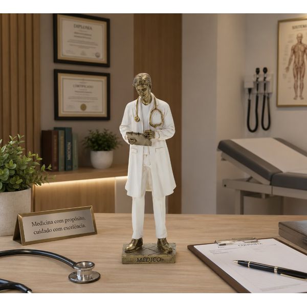 Escultura Decorativa Medico Em Resina Branco E Dourado 25cm Espressione