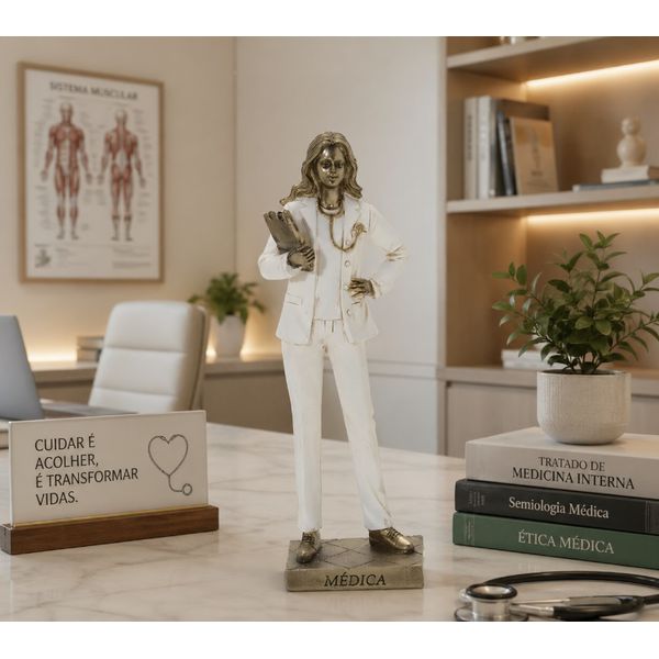 Escultura Decorativa Medica Em Resina Branco E Dourado 25cm Espressione