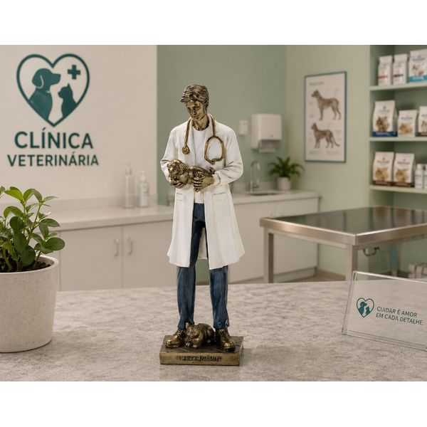 Escultura Decorativa Medico Veterinário Em Resina Branco E Dourado 25cm