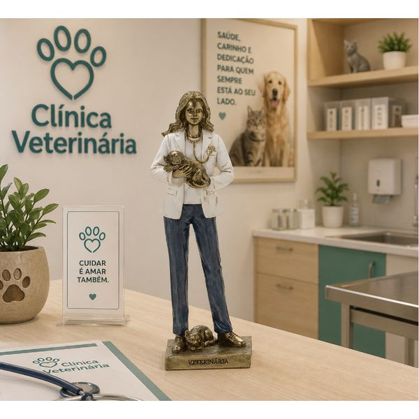 Escultura Decorativa Medica Veterinária Em Resina Branco E Dourado 25cm