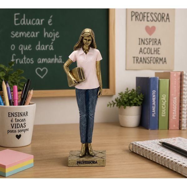 Escultura Decorativa Professora Em Resina Rosa e Azul 25cm