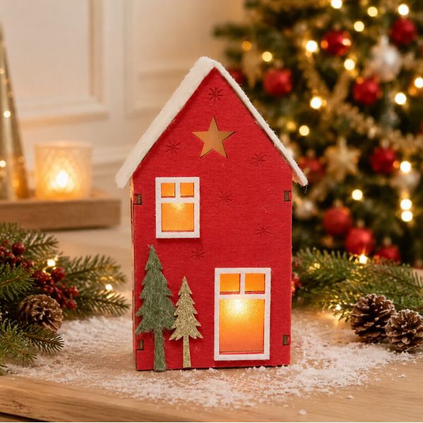 Enfeite De Natal Casinha Decorativa Vermelha Iluminada Led 18cm
