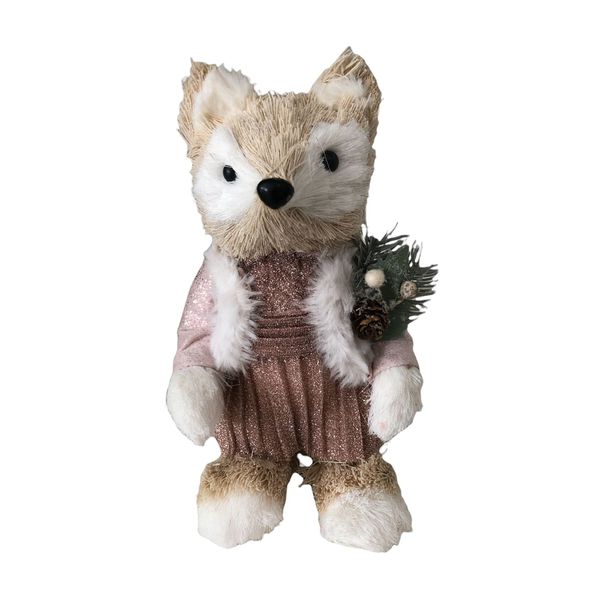 Raposa Decorativa Bege Roupinha Rosa Lurex 22cm
