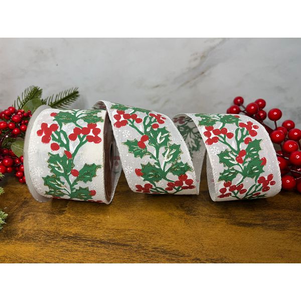 Fita Natalina Branca Azevinho Vermelho e Verde 6,3CMX9,14m