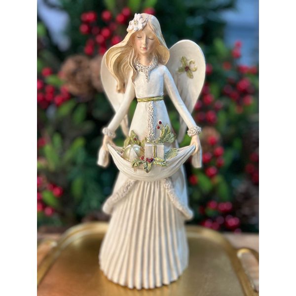 Anjo Decorativo em Resina Flores Presente 30cm Natal