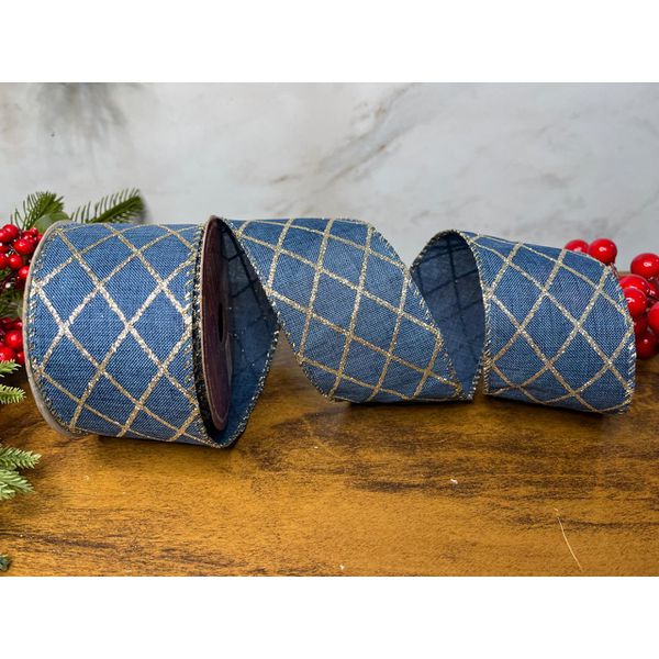 Fita Natalina Aramada Azul com Dourado 6,3cmx9,14m