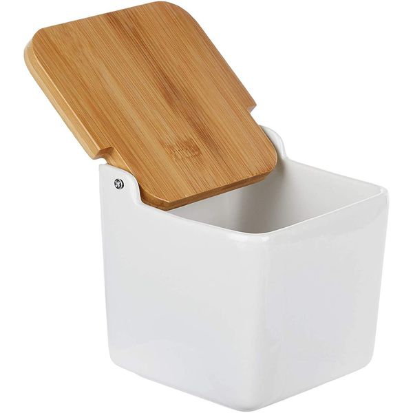 Saleiro De Mesa De Cerâmica C/Tampa De Madeira Bianco 12x12cm Lyor