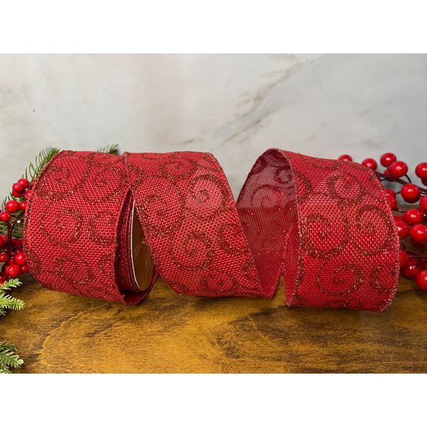 Fita Natalina Aramada Vermelho Arabesco 6,3cm Glitter 9,14m