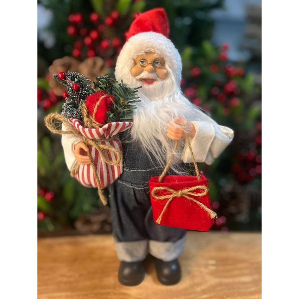 Papai Noel Em Pé Saco De Presente Roupa Jeans 30cm