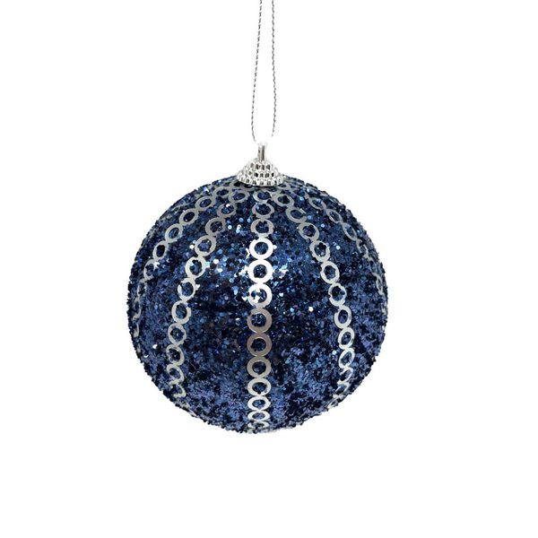 Jogo De 3 Bolas De Natal Azul Brilho com Prata 10cm