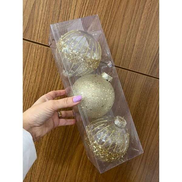 Jogo 3 Bolas Decoradas Dourada Brilho Sortida 10cm Natal