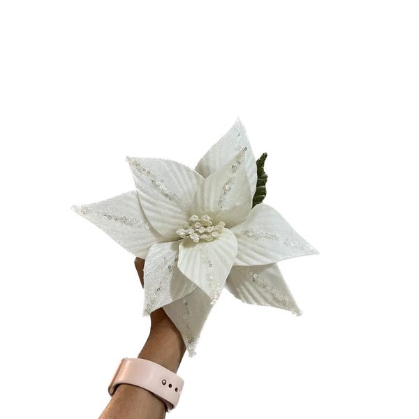 Flor Natalina Poisentia Branca com Lantejoula