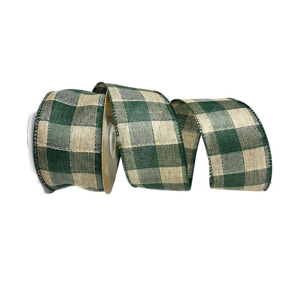 Fita Natalina Aramada 6,3cm Xadrez Verde E Natural 9,14m
