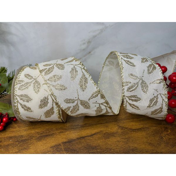Fita Natalina Aramada 6,3cm Off Champagne Brilho Luxo 9,14m