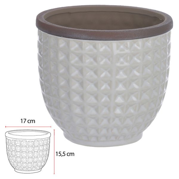 Vaso Cerâmica Branco e Marrom Geometrico 15,5cm
