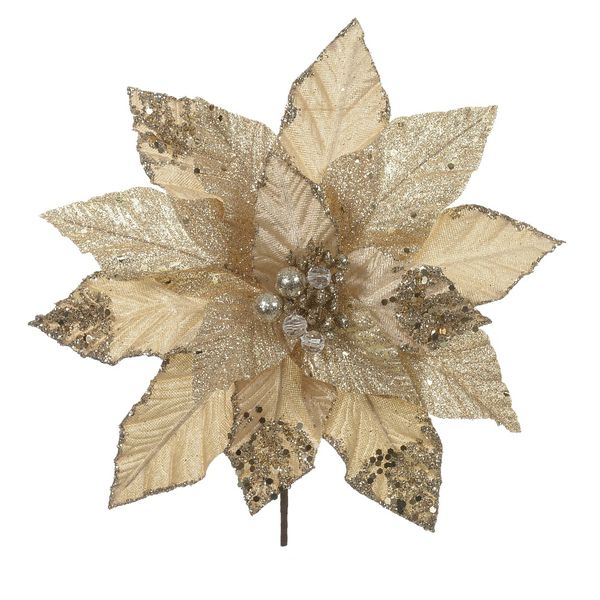 Flor Natalina Com Glitter Champagne E Dourado