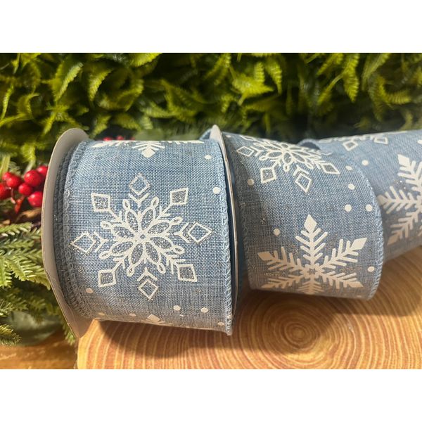 Fita Natalina Azul Floco de Neve Branco Natal 6,3cmx9,14m
