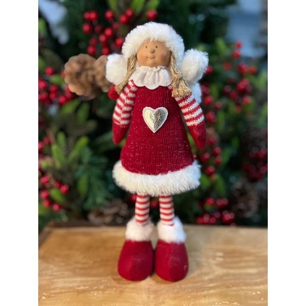 Enfeite Natal Menina em Pé Asas Roupa Tricot Coração 45cm