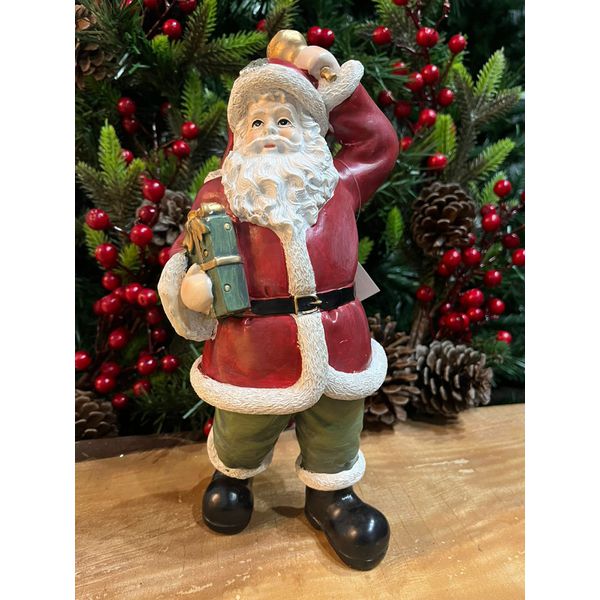 Papai Noel Em Resina Vermelho E Verde Presente Sino 27cm Natal