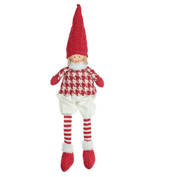 Boneco Criança Natal Sentado Xadrez Vermelho e Branco