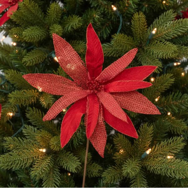 Flor Natalina Poinsetia Vermelha Veludo Juta Brilho Luxo