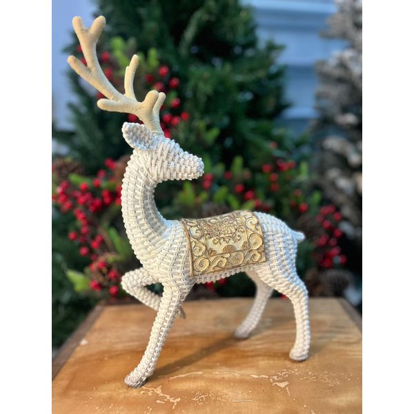 Rena Decorativa Em Resina Natal Branca E Bege Trançado 39cm