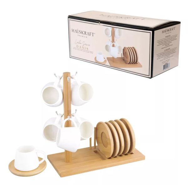 Jogo Xícaras Café 90ml Oasis Com Pires Suporte Bambu 7 Peças